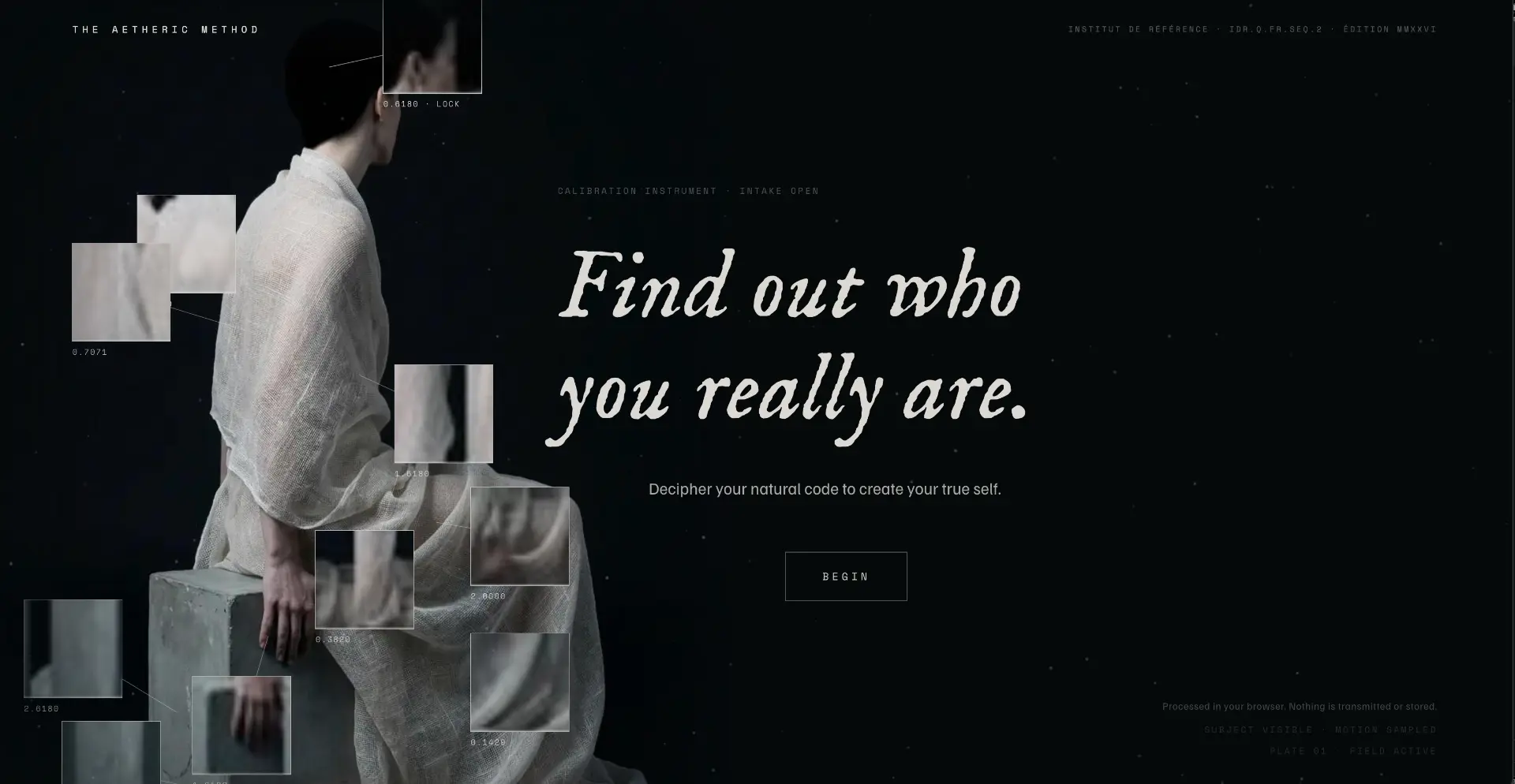 The Aetheric Method — immersive augmented reality style platform with analytical interface.