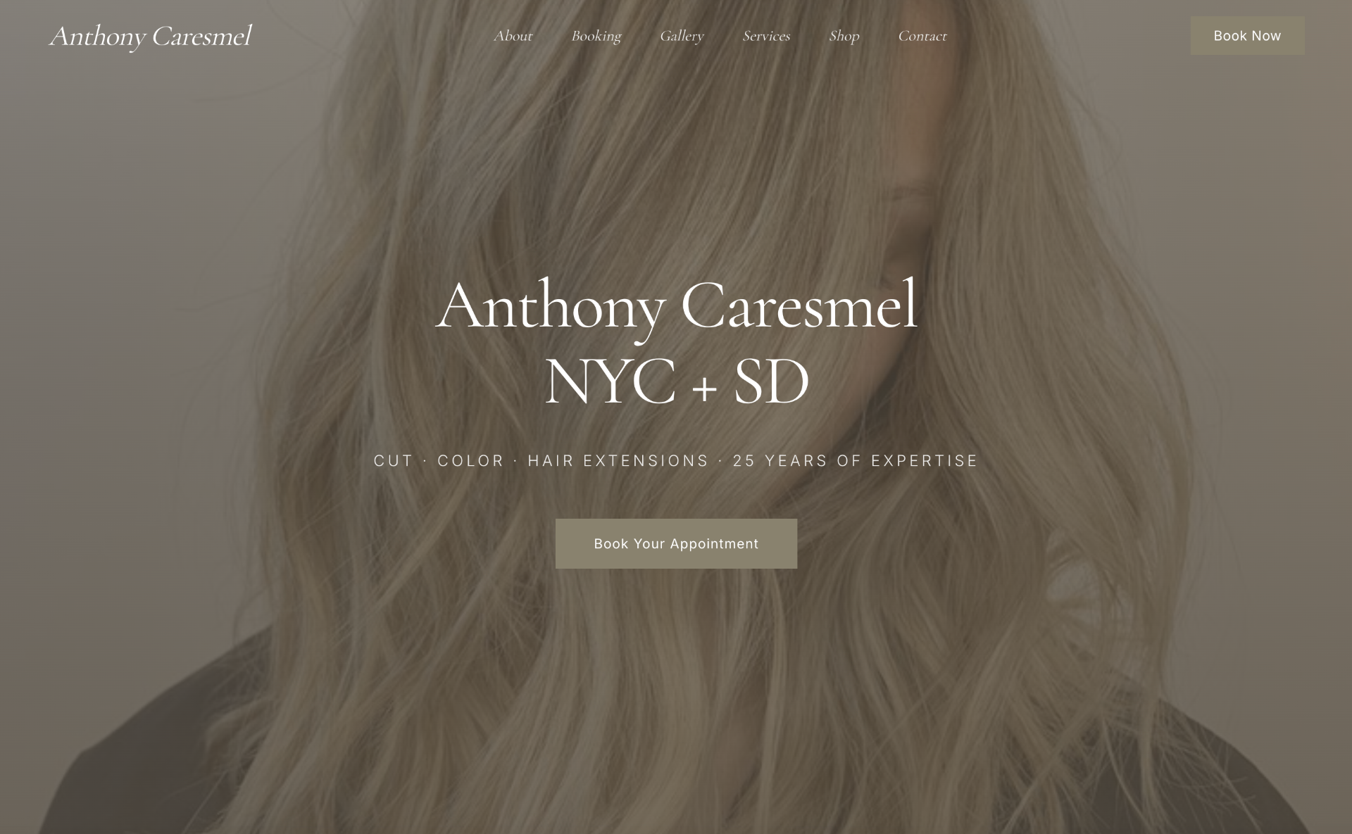 Anthony Caresmel hair stylist website — full-bleed hero with elegant serif branding.