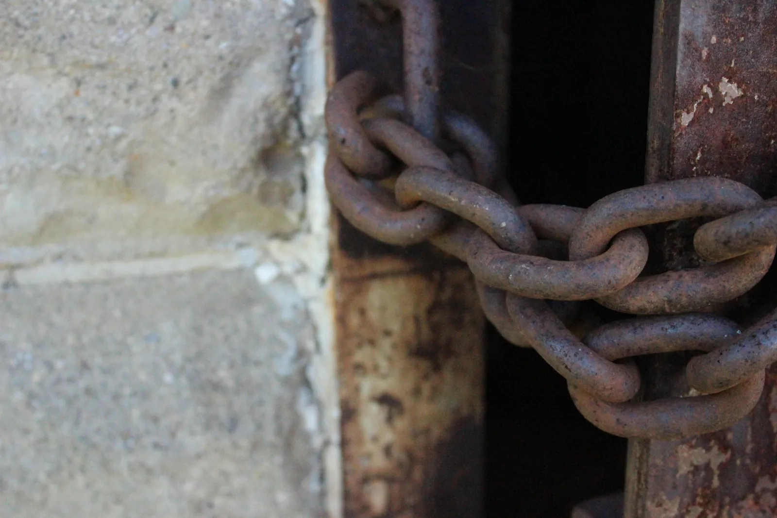 Rusted iron chain wrapped around a weathered metal gate