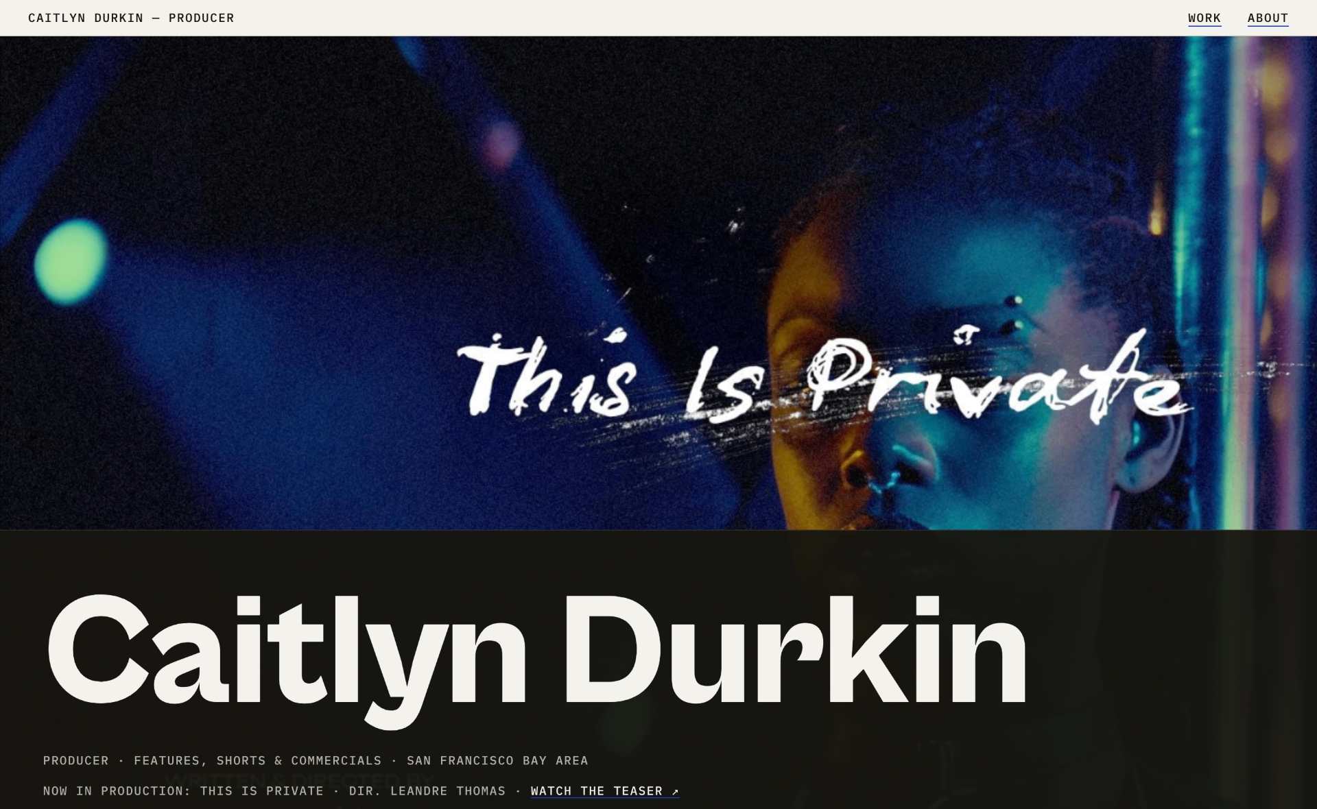 Caitlyn Durkin film producer website — bold hero with hand-lettered title treatment.