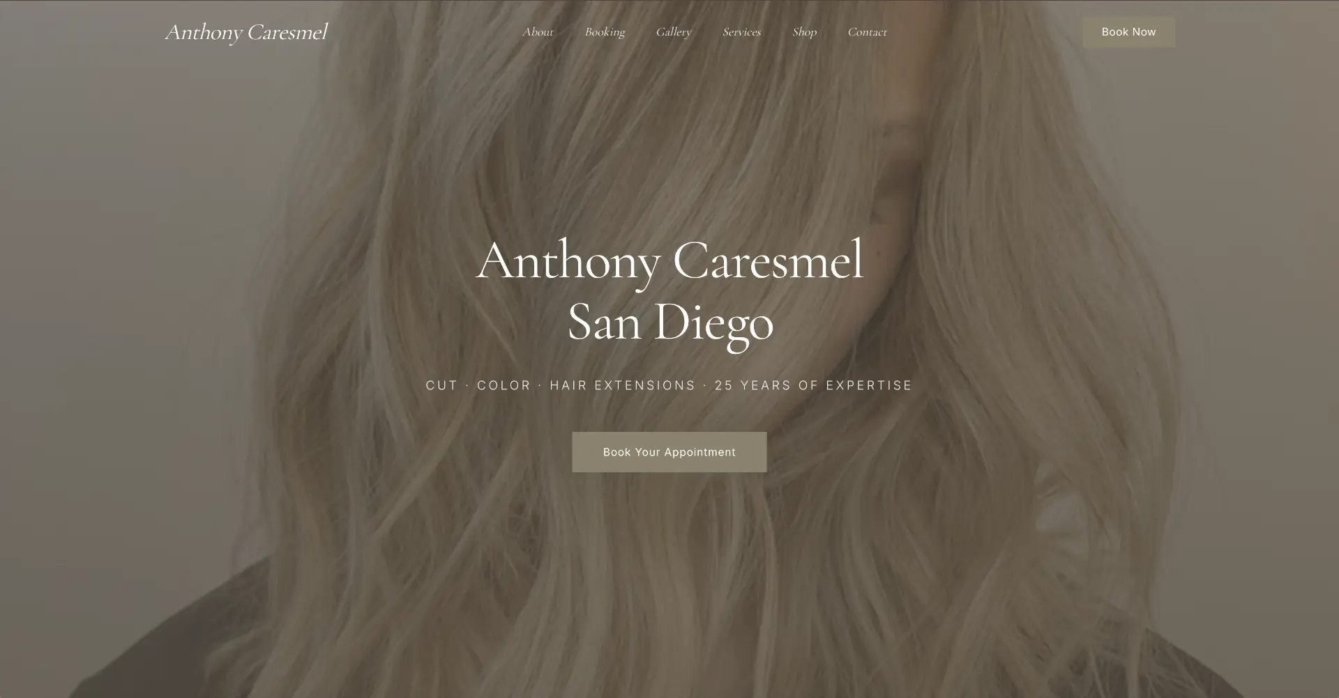 Anthony Caresmel luxury hair stylist website — full-bleed hero with elegant serif branding.