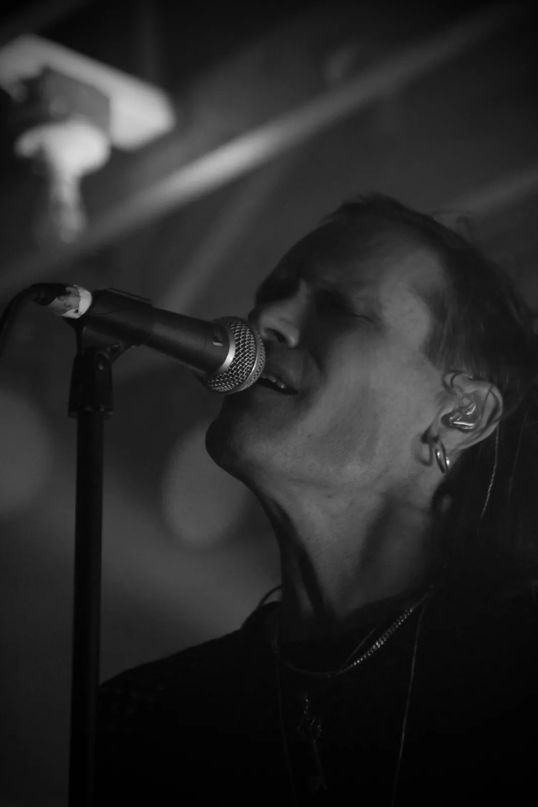 Black-and-white live concert portrait of a singer at the microphone
